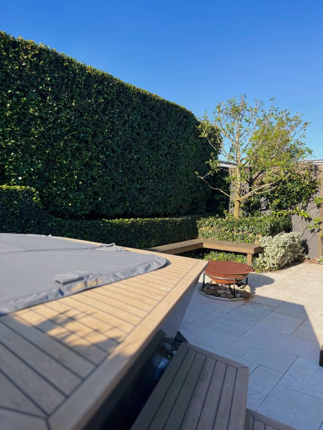 Tall, square-clipped hedge wall beside a timber deck and fire pit